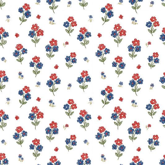 USA Flower Bunches on Red Digital Seamless Pattern