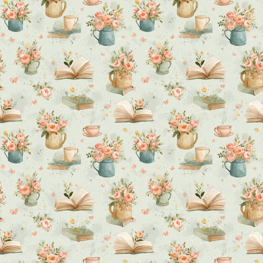Vintage Bouquets & Books Digital Seamless Pattern
