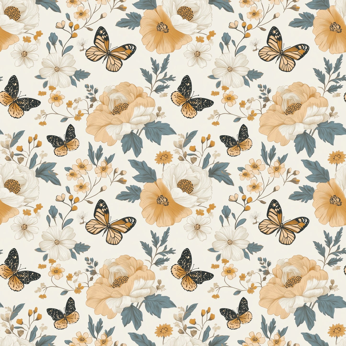 Vintage Floral Butterflies Digital Seamless Pattern