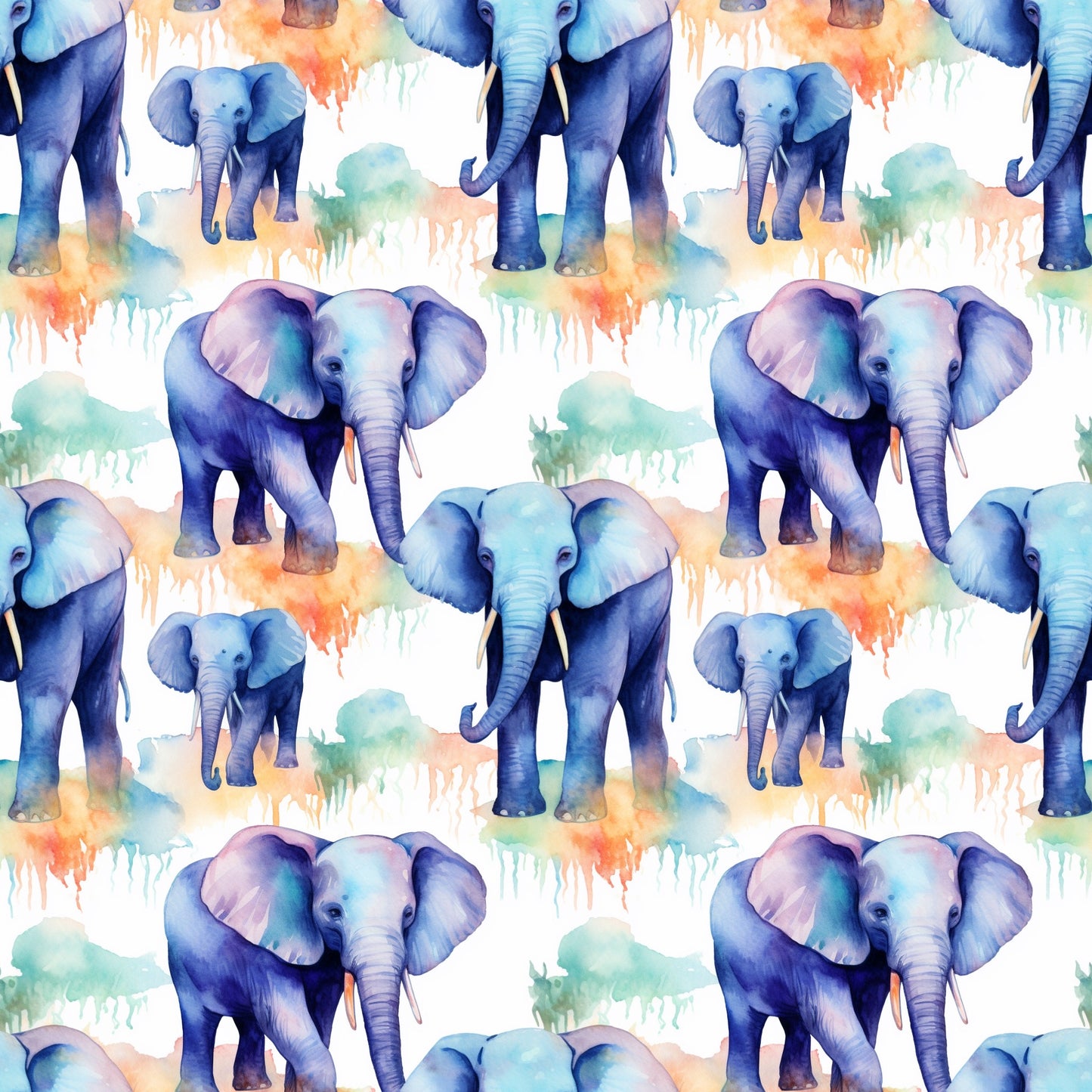 Watercolour Bright Elephants Digital Seamless Pattern