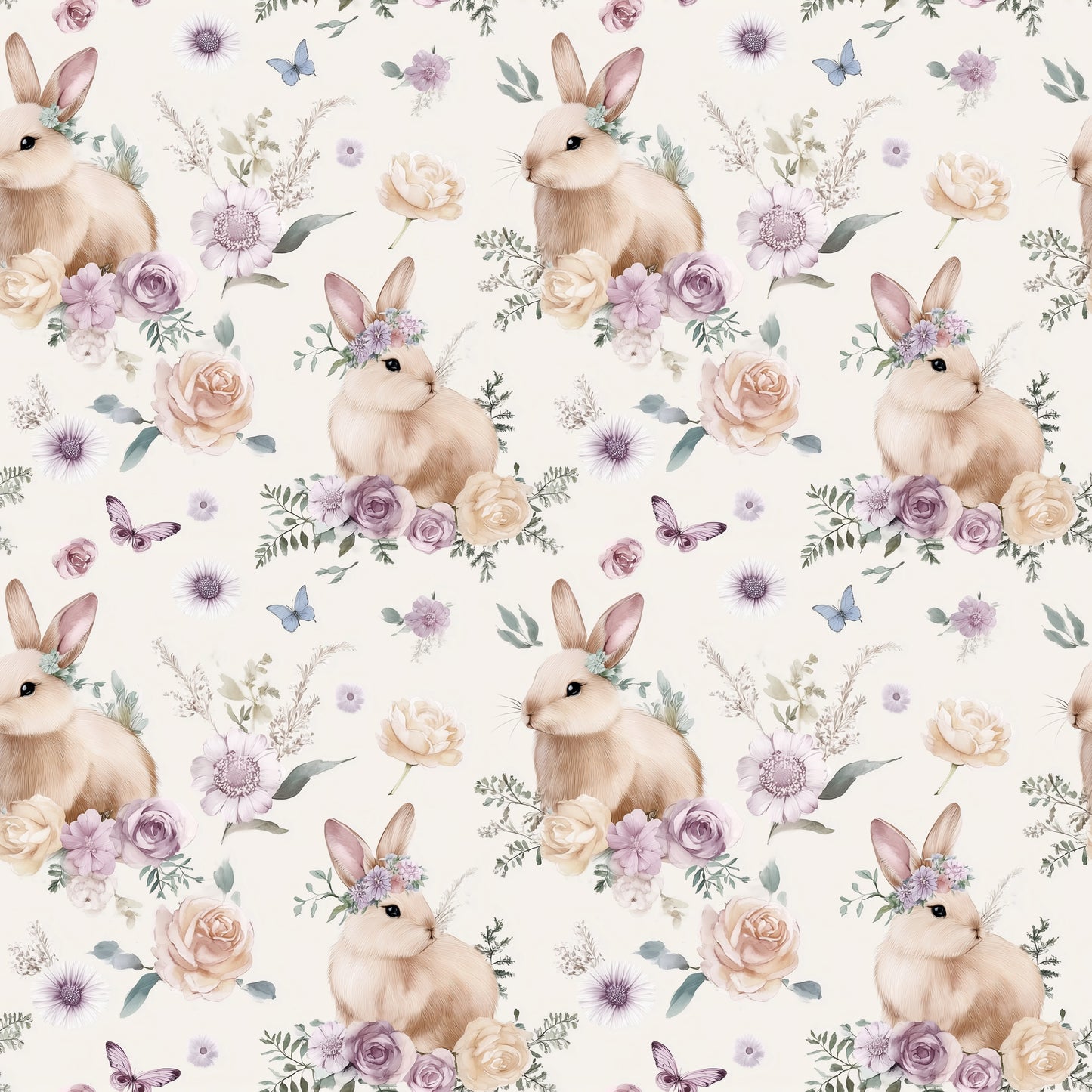 Watercolour Floral Bunnies Digital Seamless Pattern