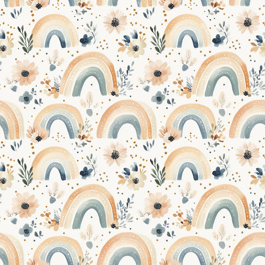 Watercolour Flowers and Rainbows Digital Seamless Pattern