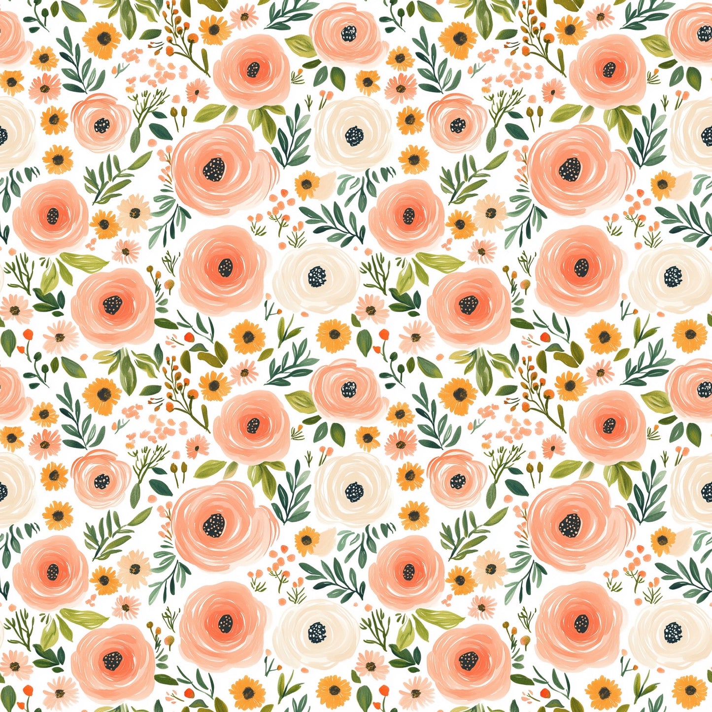Watercolour Peach Floral Digital Seamless Pattern