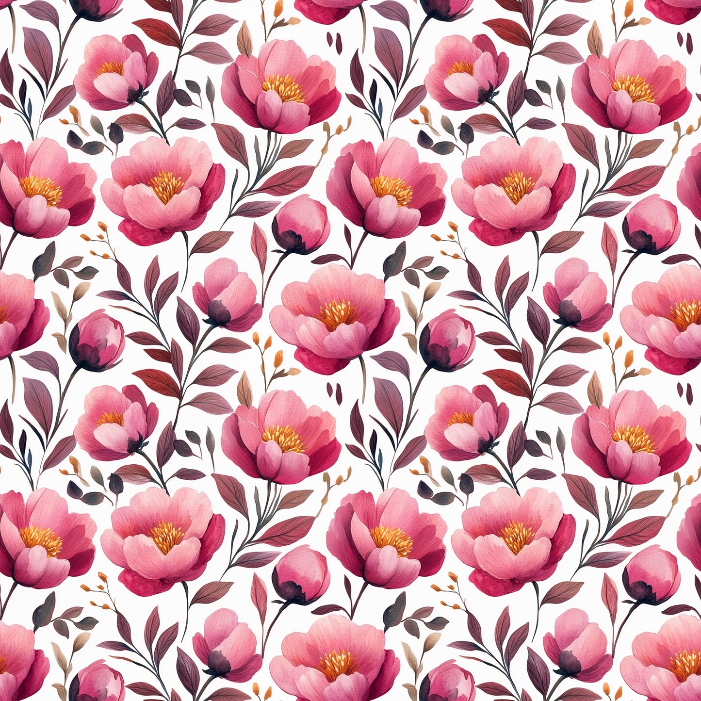 Watercolour Pink Peonies Digital Seamless Pattern