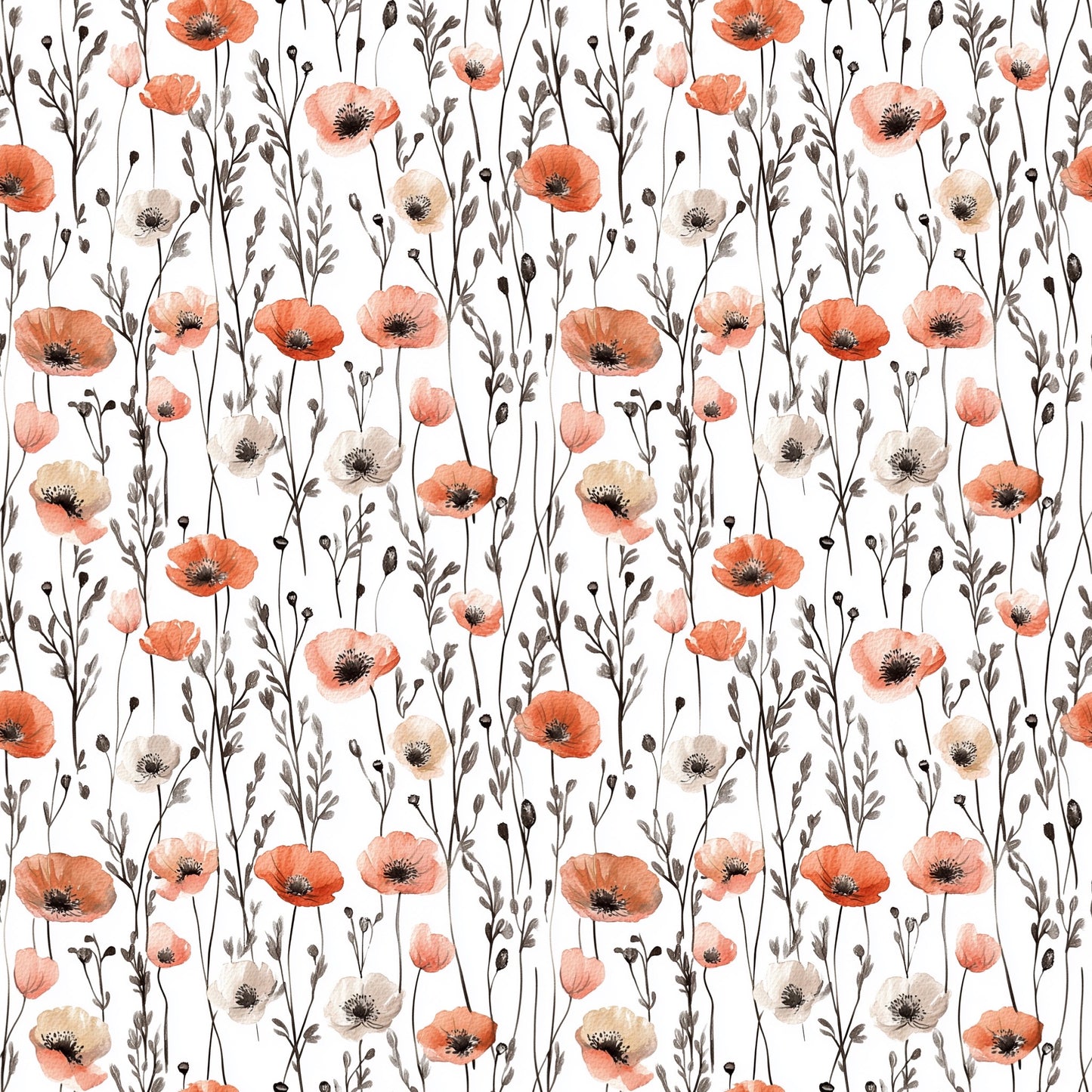 Watercolour Poppy Field Digital Seamless Pattern