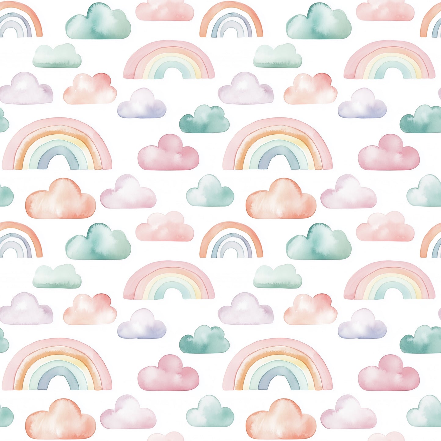Watercolour Clouds and Rainbows Digital Seamless Pattern