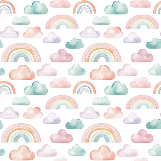 Watercolour Clouds and Rainbows Digital Seamless Pattern