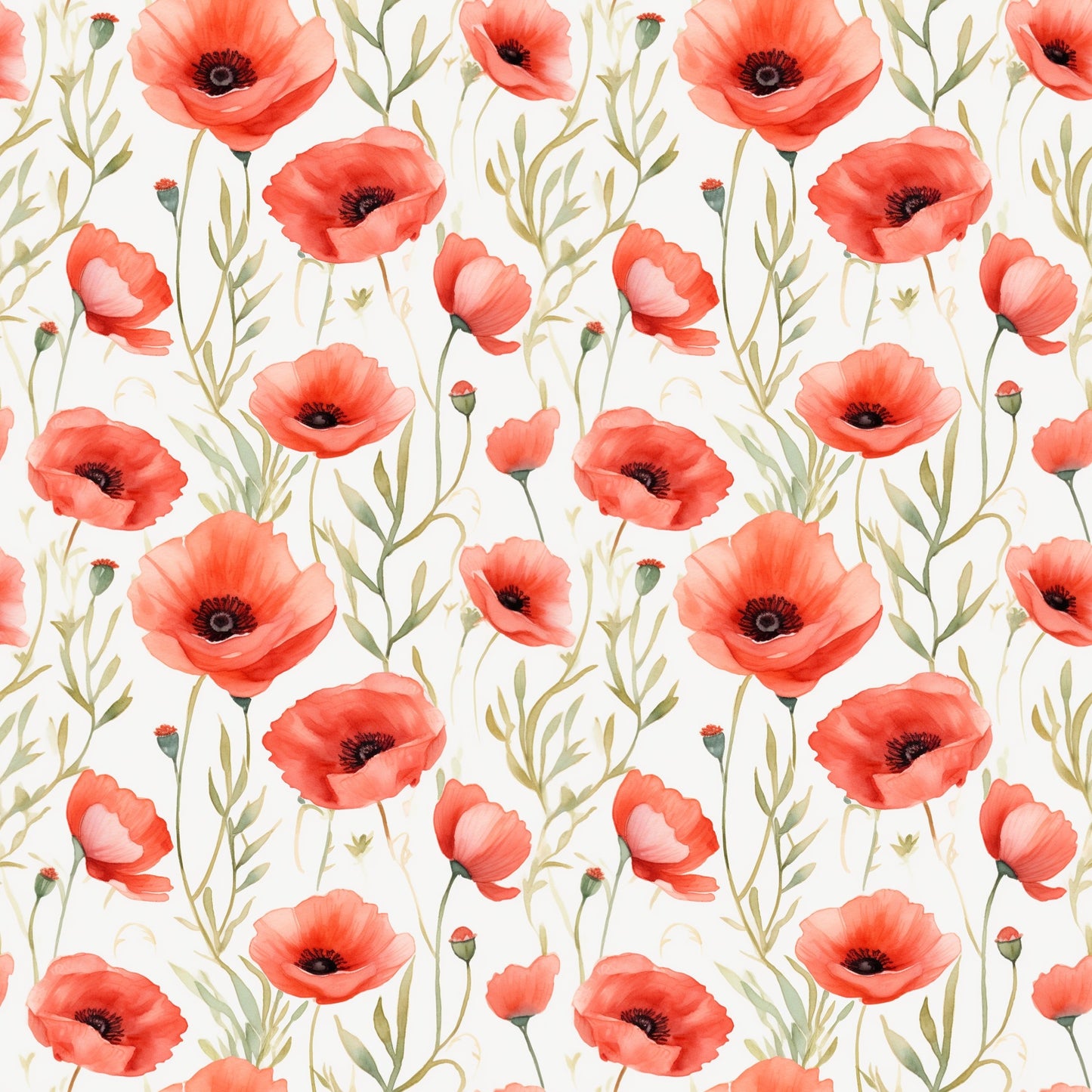 Watercolour Poppies Digital Seamless Pattern