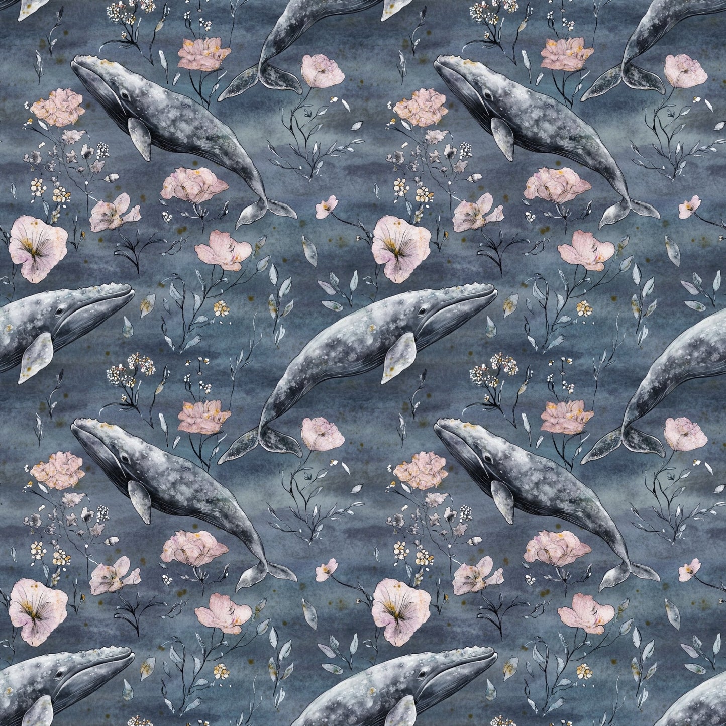Whales & Flowers Digital Seamless Pattern