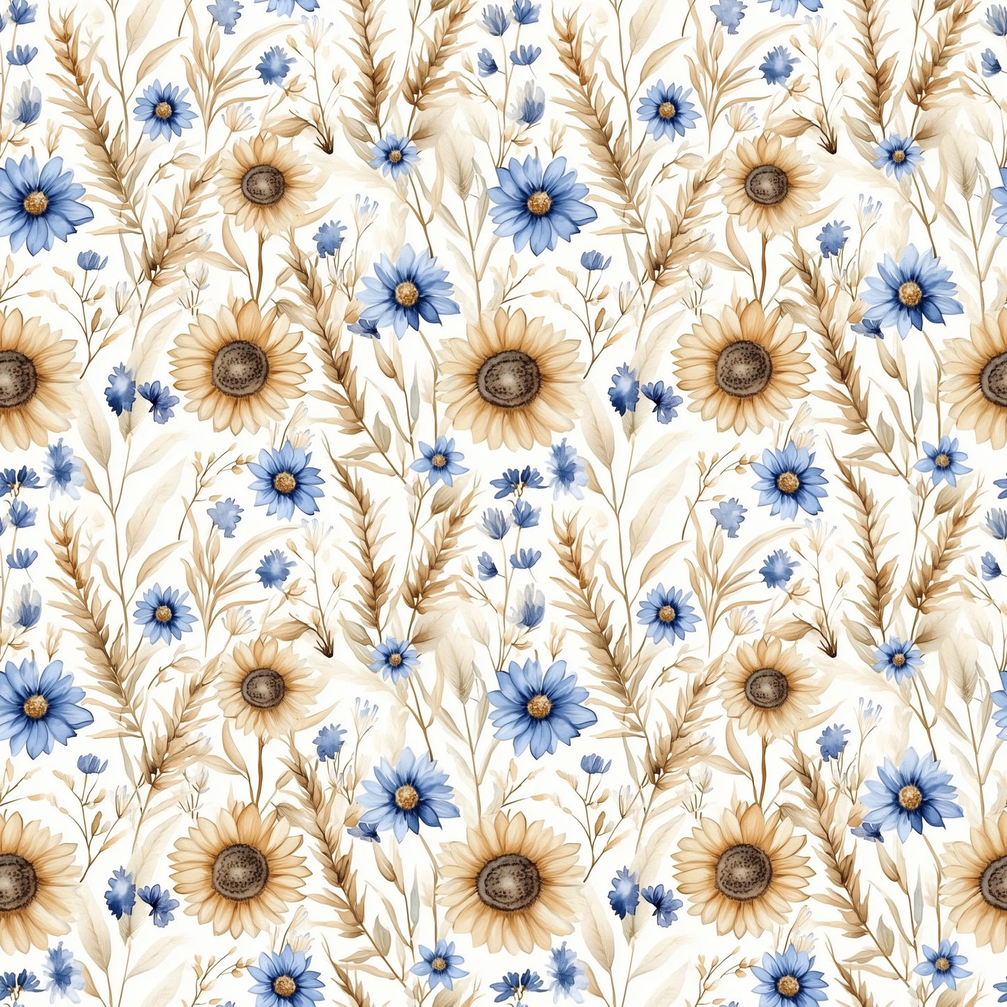Wheat & Soft Blue Floral Digital Seamless Pattern