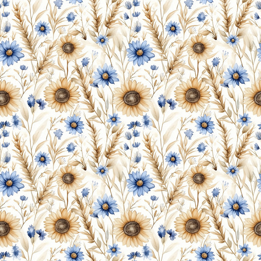 Wheat & Soft Blue Floral Digital Seamless Pattern