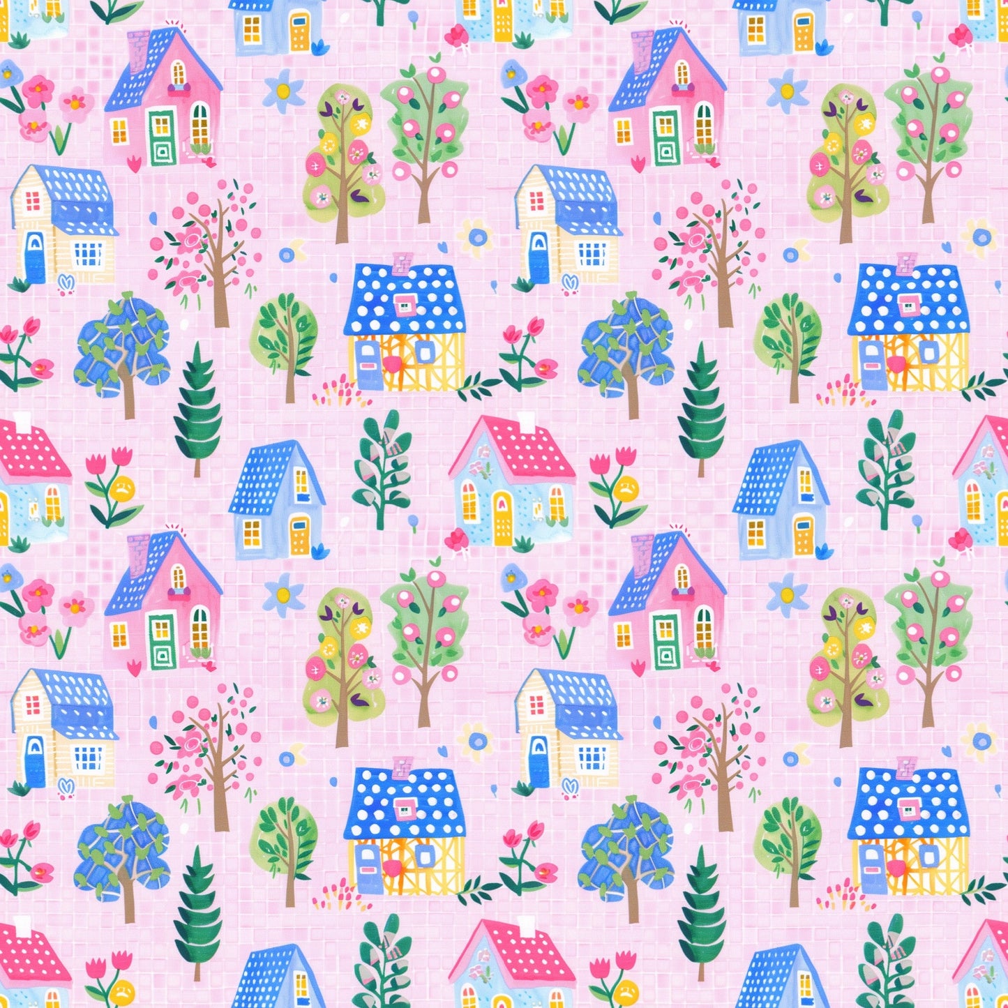 Whimsi Pink Houses Digital Seamless Pattern