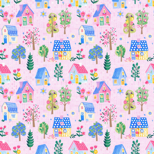 Whimsi Pink Houses Digital Seamless Pattern