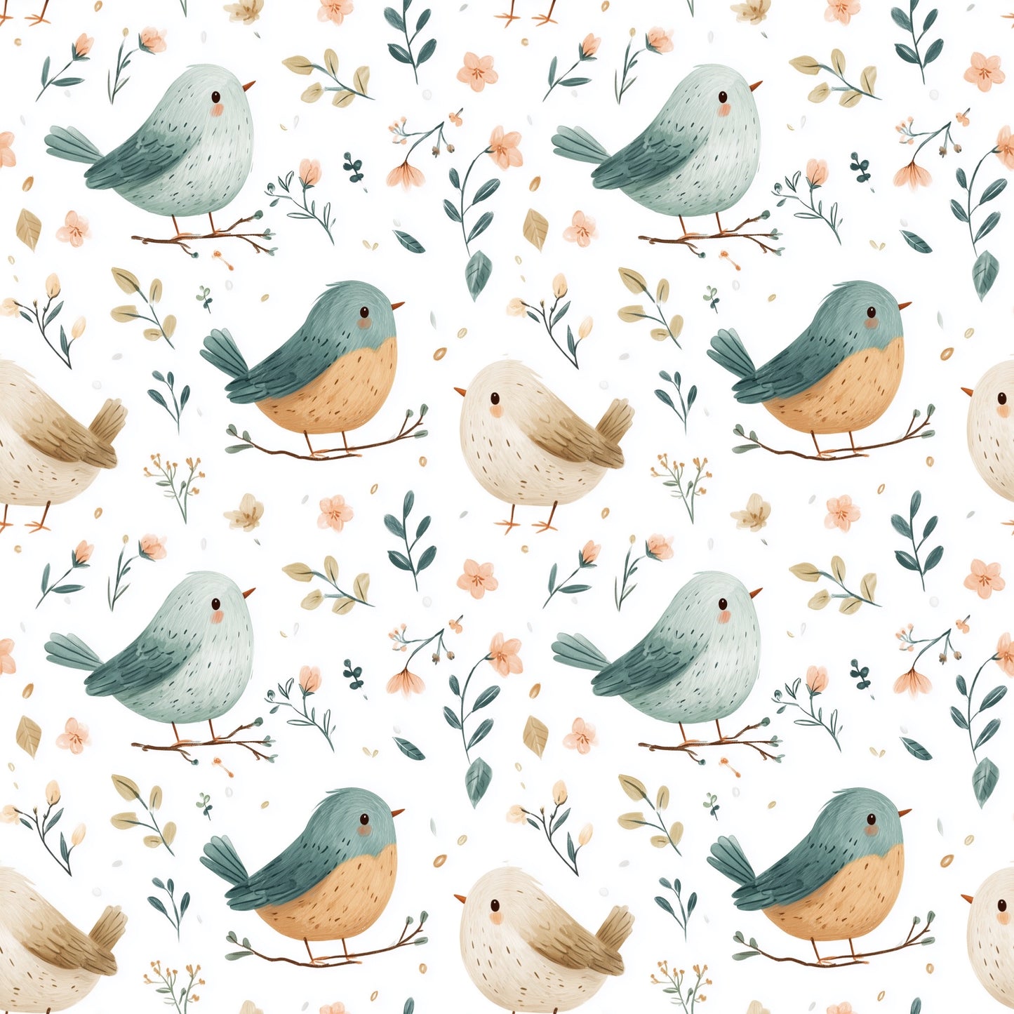 Whimsical Woodland Birds Digital Seamless Pattern