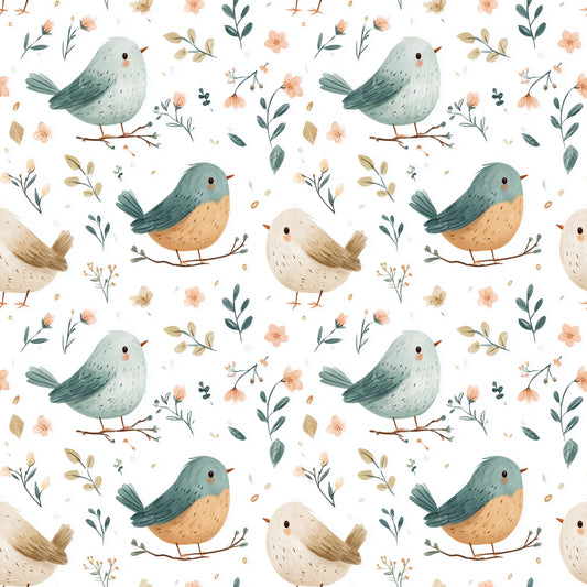 Whimsical Woodland Birds Digital Seamless Pattern