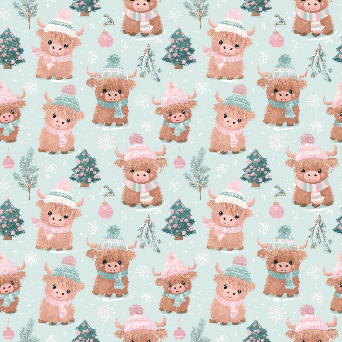 Winter Baby Cows Digital Seamless Pattern