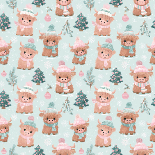 Winter Baby Cows Digital Seamless Pattern