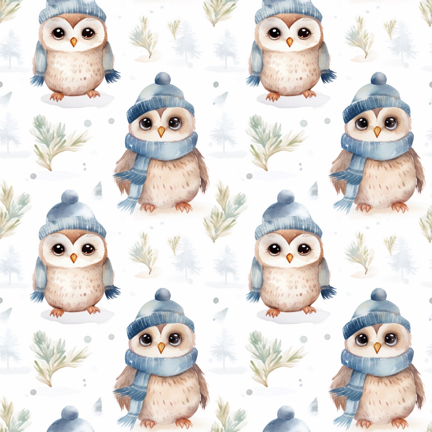 Winter Baby Owls Digital Seamless Pattern